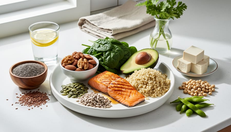 Arrangement of sleep-supporting foods including salmon, leafy greens, nuts and avocado
