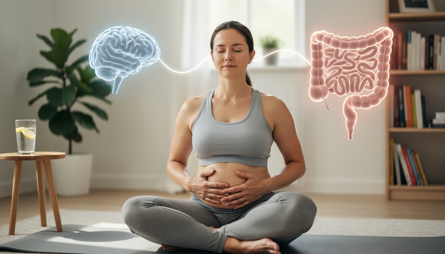 Person meditating peacefully with hands on abdomen in bright natural living space