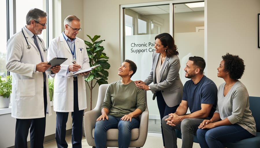 Diverse group of hands joined together in supportive circle