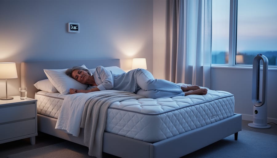 Bedroom with cooling layered bedding and natural ventilation for temperature regulation