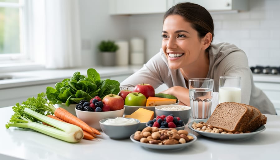Variety of nutrient-rich foods including fish, dairy, vegetables, and nuts arranged on wooden table