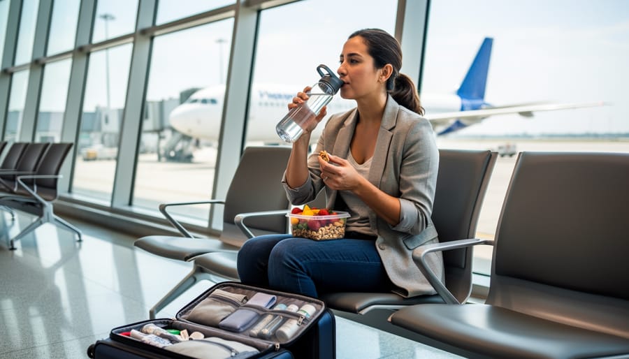 Person holding water bottle and healthy snacks during car travel