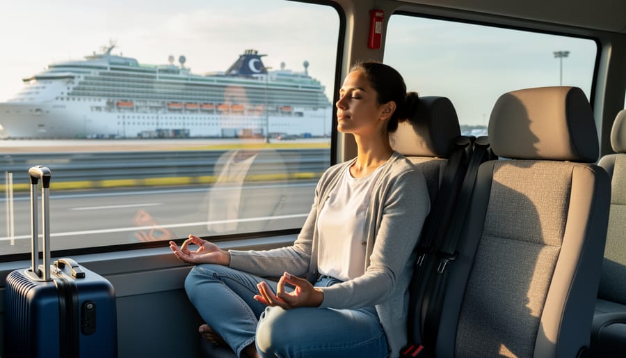 Woman practicing mindfulness breathing exercises while traveling in car