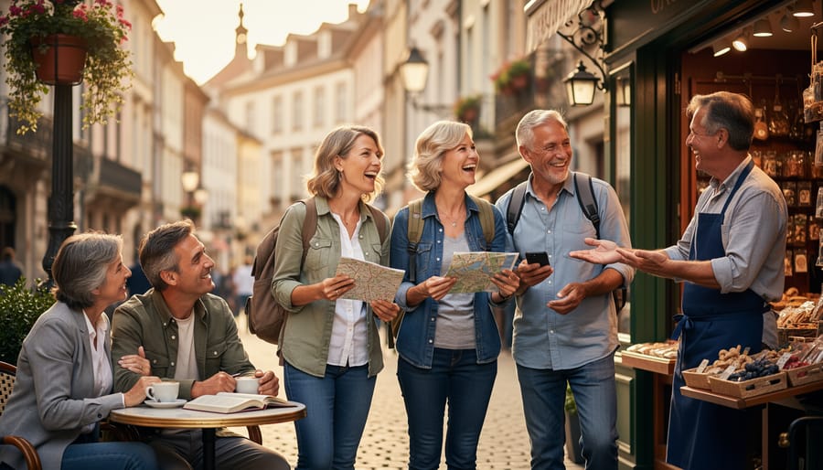 Group of mature travelers enjoying conversation and coffee at outdoor café