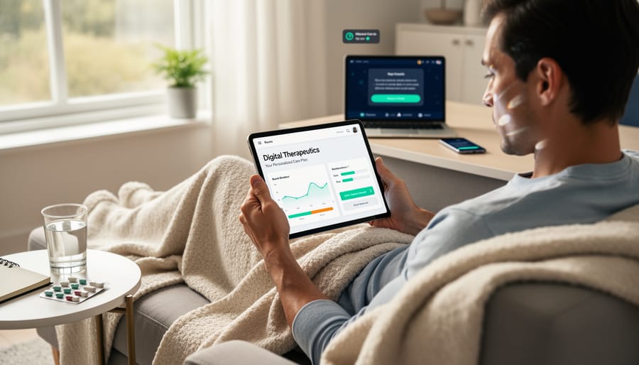 Person using digital therapeutic software application on smartphone in home setting