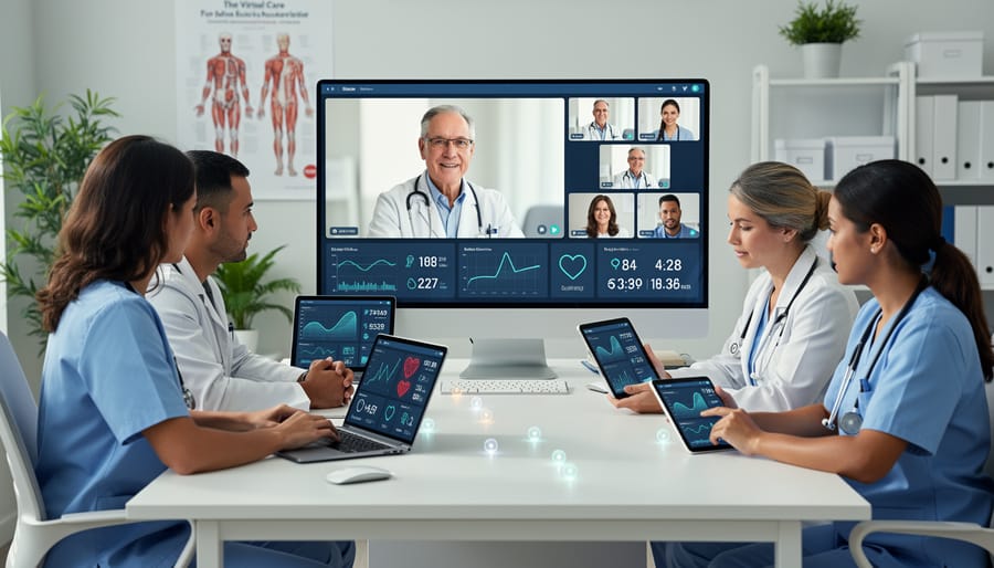 Patient having virtual consultation with doctor via laptop while using remote monitoring equipment at home