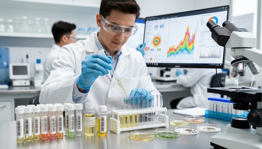 Laboratory scientist examining water sample in glass beaker with lab equipment in background