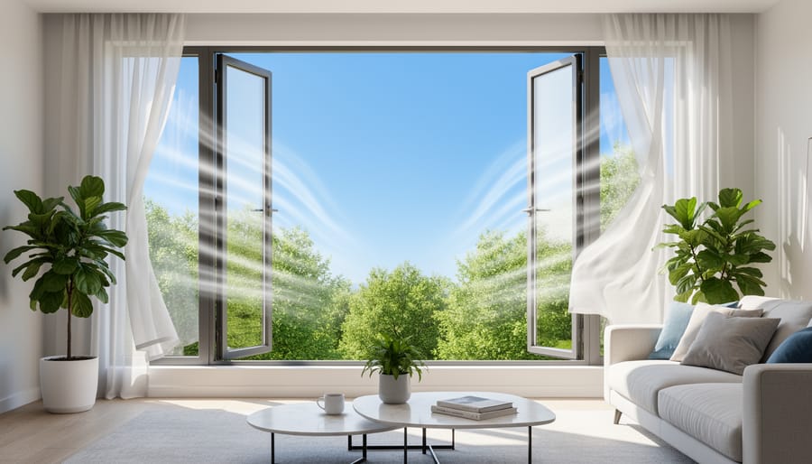 Hand opening bedroom window to let in fresh air and natural sunlight