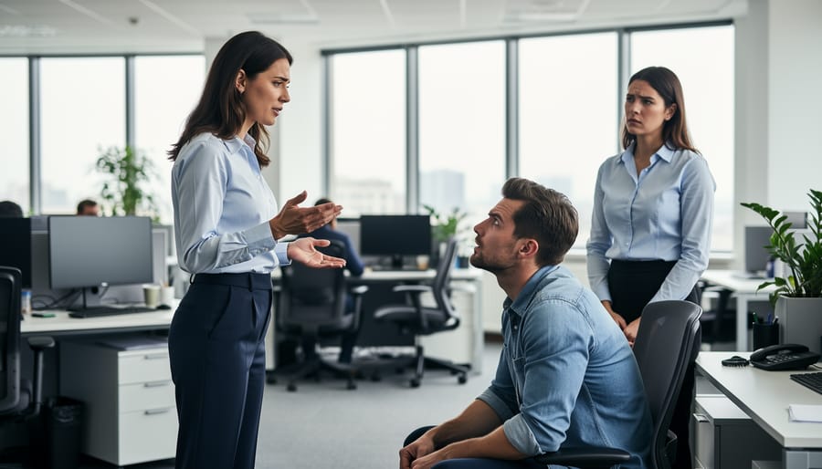 Two professionals demonstrating calm workplace conflict resolution and de-escalation techniques