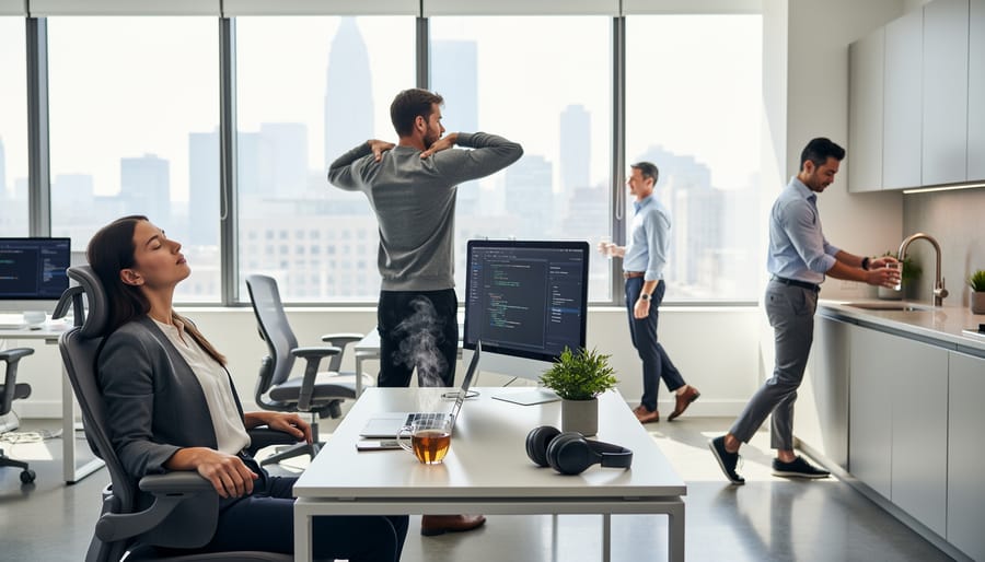 Professional taking brief mindful break at office desk with eyes closed