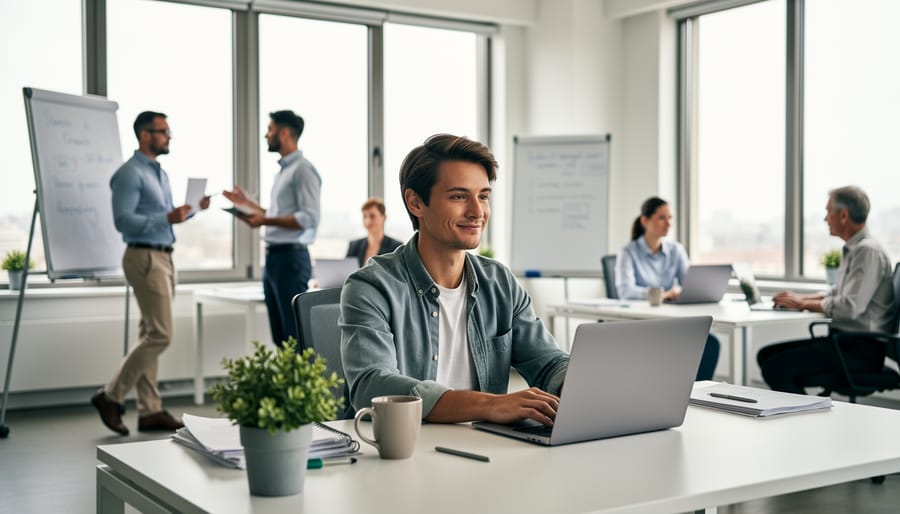 Professional standing at office window looking at city skyline at dusk