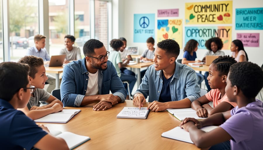 Adult mentor working alongside teenager in community garden setting