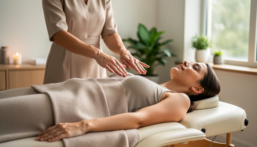 Practitioner's hands positioned above client's shoulders during biofield energy healing session