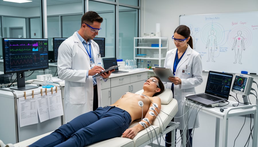 Medical researcher reviewing data in laboratory setting with scientific equipment