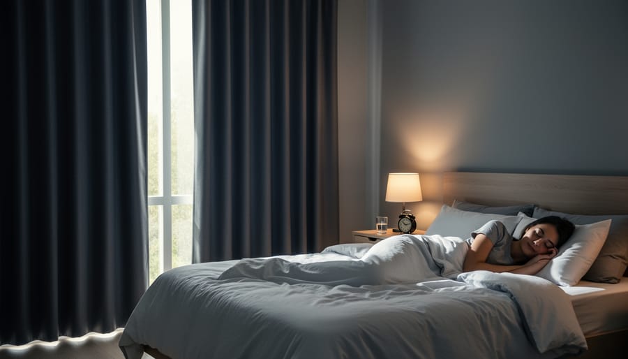 Dark bedroom with blackout curtains blocking bright daylight at window
