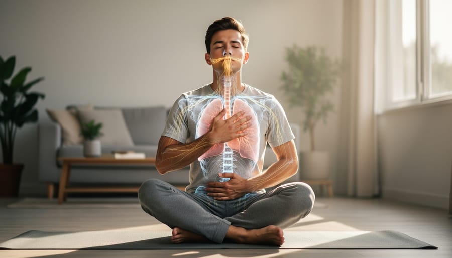 Close-up of person's hand on chest demonstrating conscious breathing technique