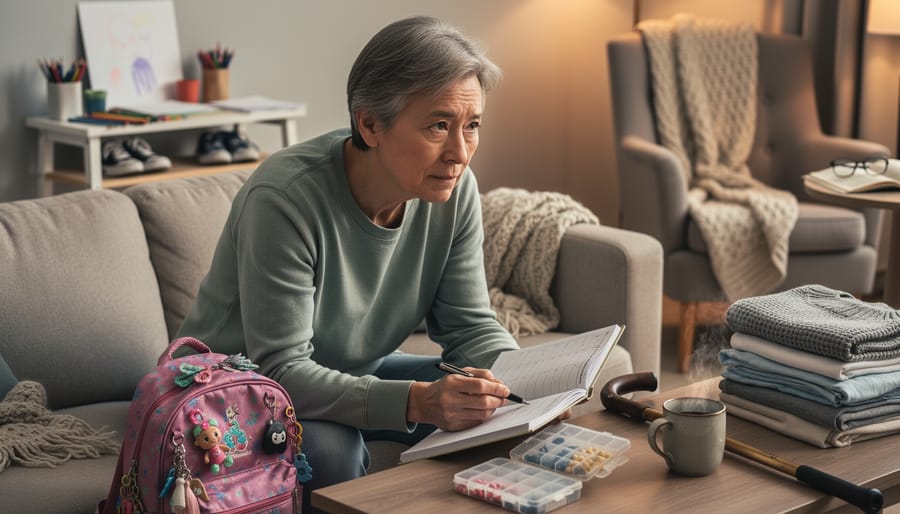 Exhausted caregiver sitting on bed edge showing signs of stress and burnout