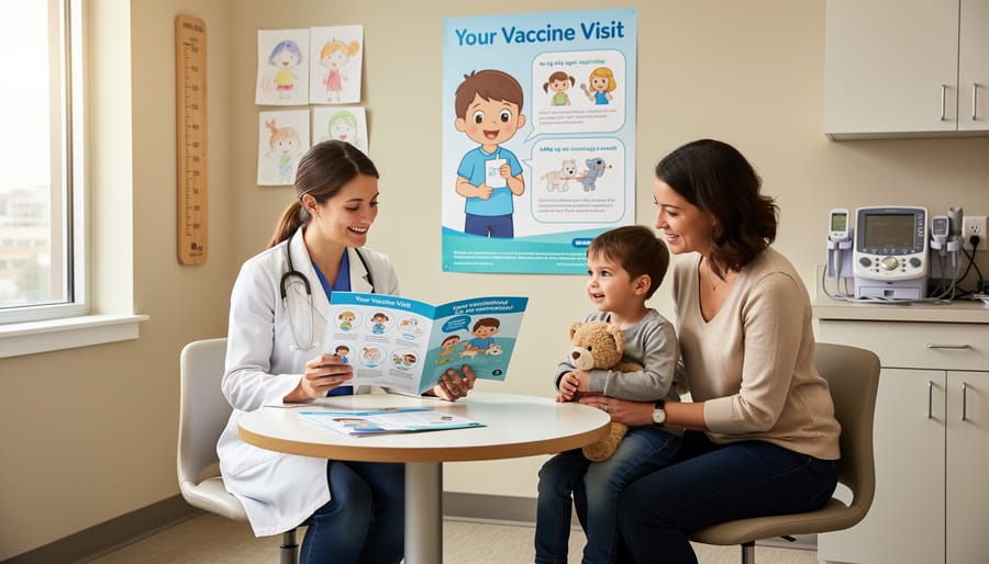 Nurse engaging with child and parent in friendly vaccination appointment setting