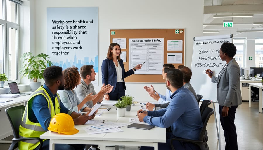 Diverse team of employees fist-bumping in bright modern office environment