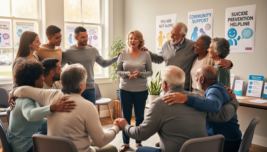 Diverse group of people holding hands in supportive circle outdoors