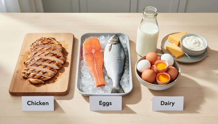 Assortment of high-quality protein foods including chicken, salmon, eggs, and milk on marble counter