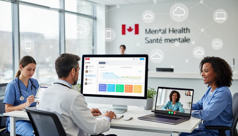 Healthcare team collaborating with connected digital health systems in modern medical workspace