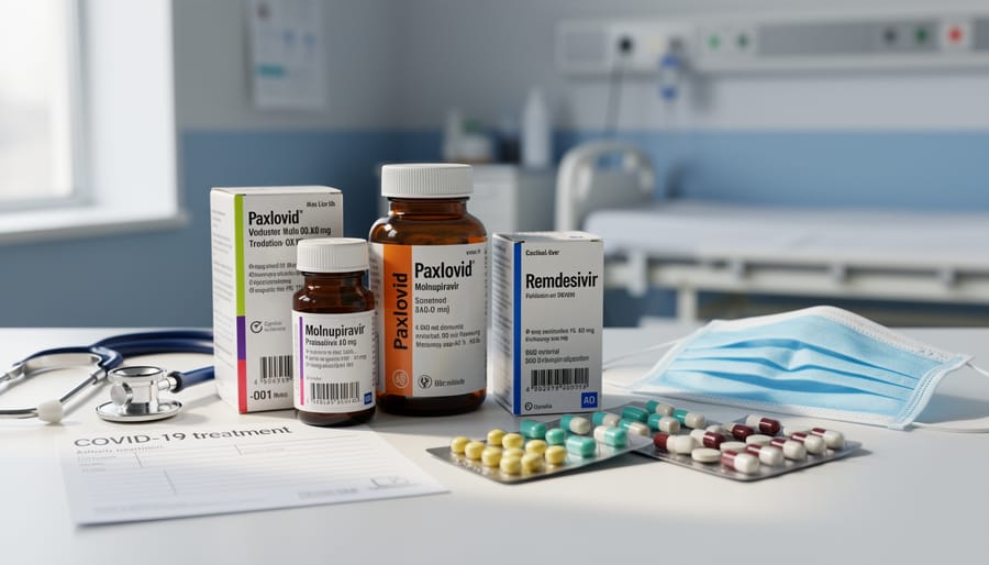 Three prescription medication bottles representing COVID-19 antiviral treatments