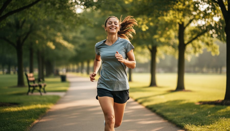 Person jogging freely on forest trail without fitness tracking devices