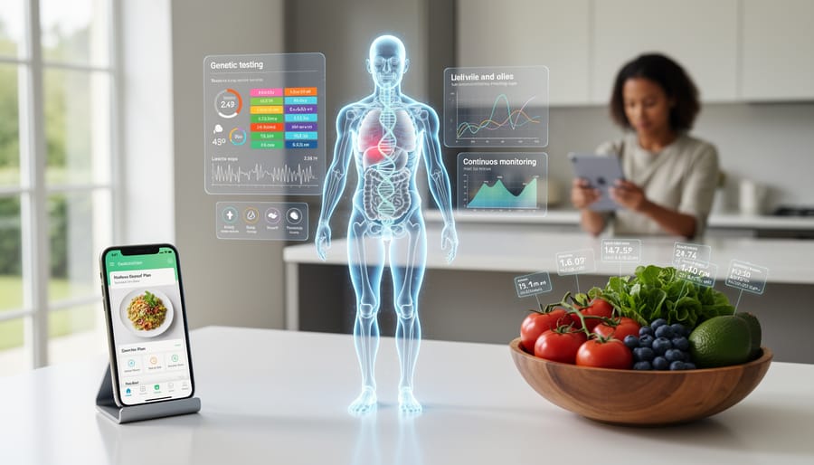 Smartphone with health app next to fresh vegetables and medical test samples on laboratory counter