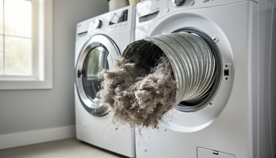 Close-up view of gray lint and dust buildup clogging a dryer vent duct