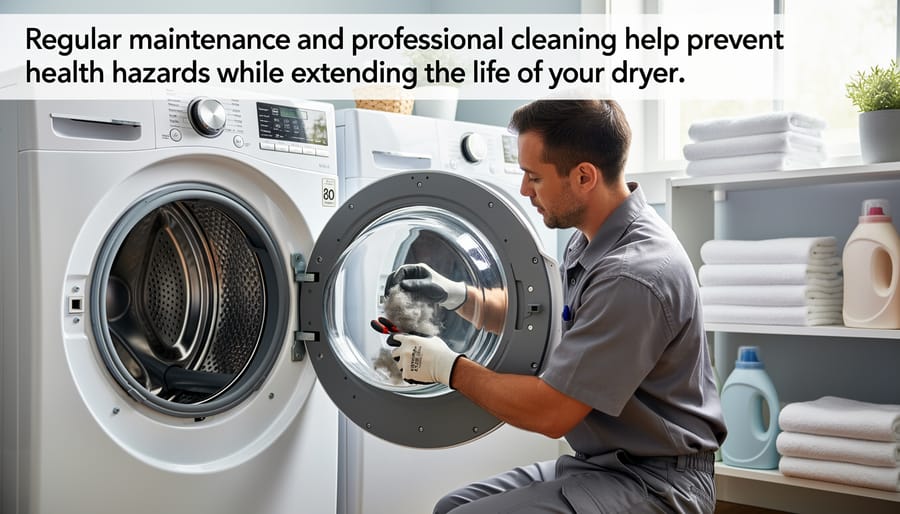 Hand holding dryer vent cleaning brush with lint removed during maintenance