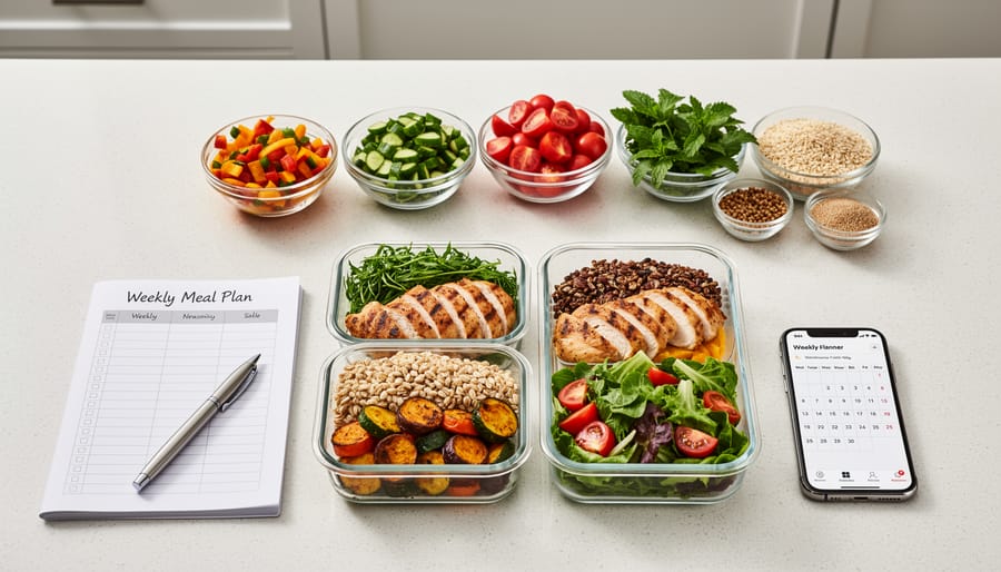 Organized meal prep containers with healthy food on kitchen counter