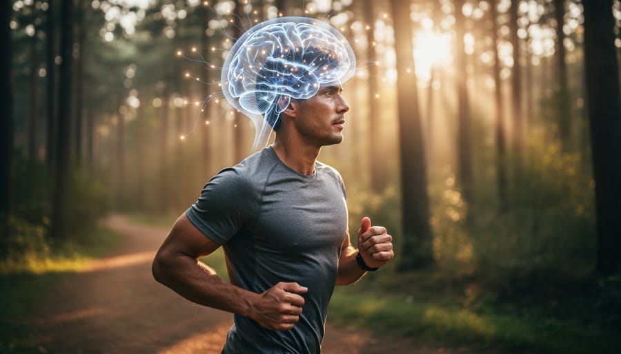 Man exercising outdoors on forest trail during morning run