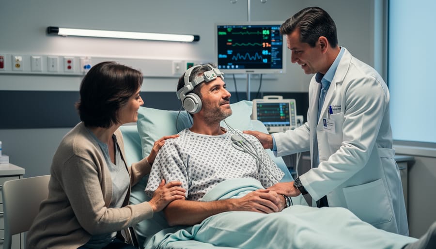 Family member providing support to patient during hospital neurological monitoring