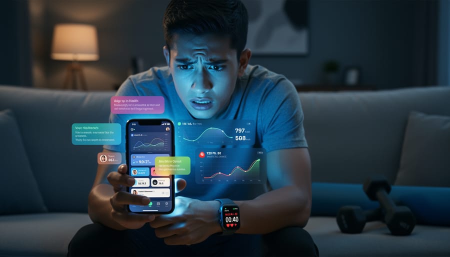 Person looking stressed while checking fitness app on smartphone at night