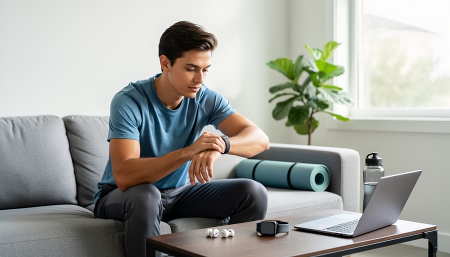 Person wearing fitness tracker smartwatch while in meditation pose on yoga mat