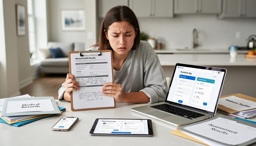 Woman appearing frustrated while managing multiple health records and documents at home desk