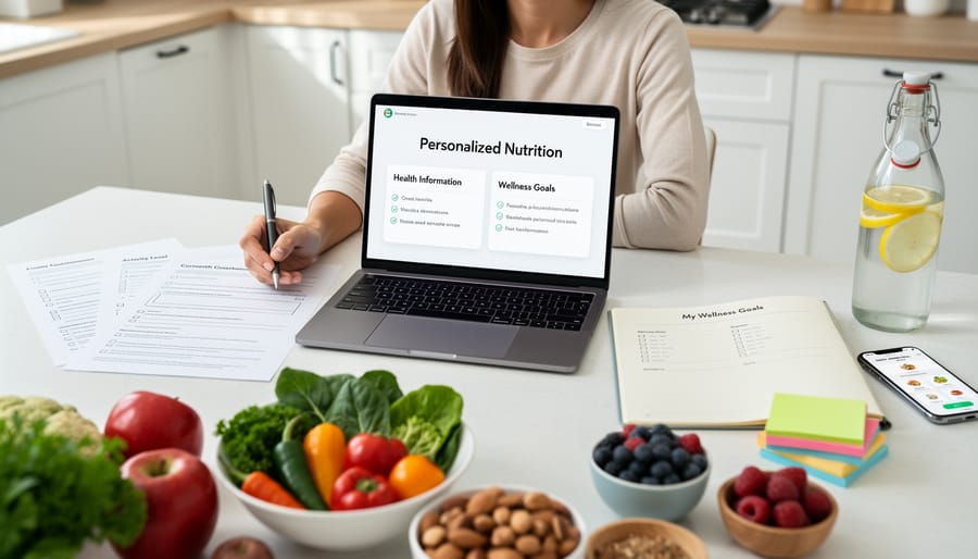 Person planning nutrition goals with laptop, notebook, and healthy meal on desk