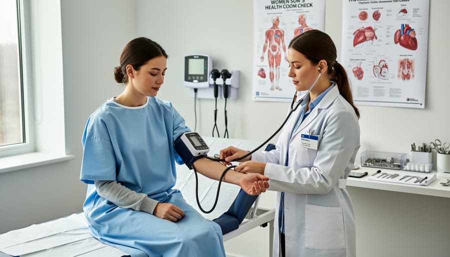 Healthcare provider performing blood pressure check during women's health examination