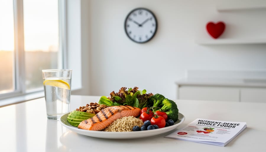 Healthy balanced meal with salmon, vegetables, and heart-healthy fats on dining table