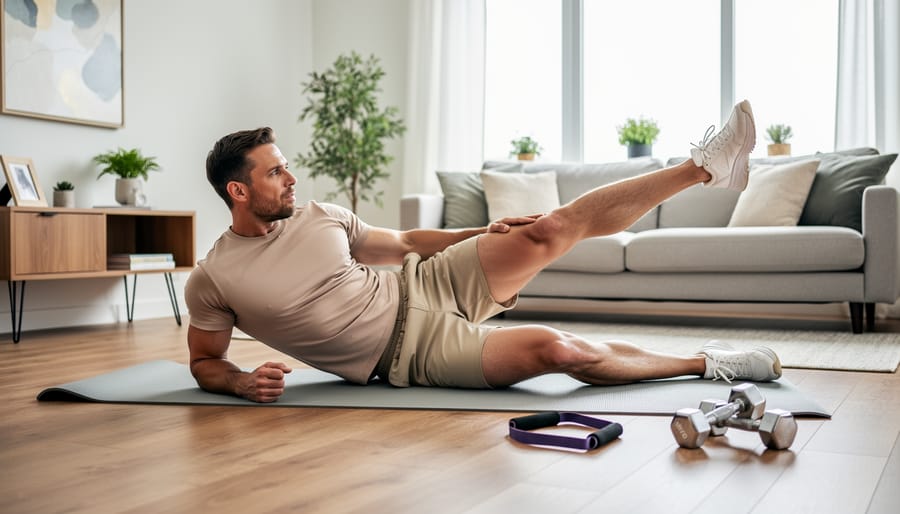 Runner performing glute bridge exercise on mat at home