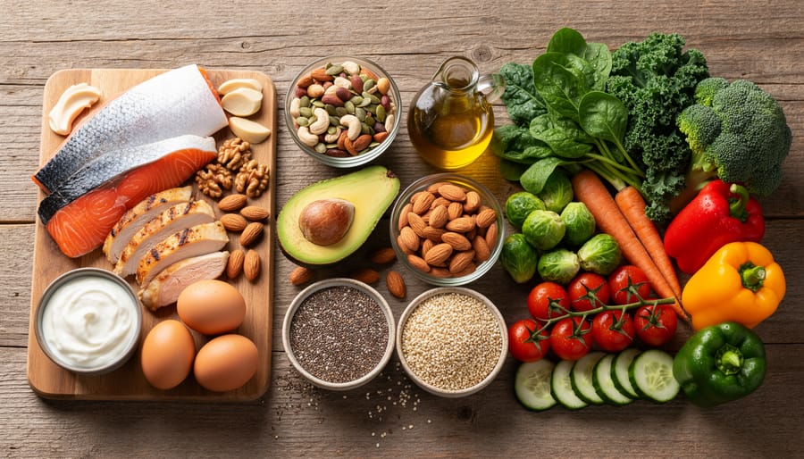 Overhead view of hormone-supporting whole foods including salmon, avocado, greens, and eggs