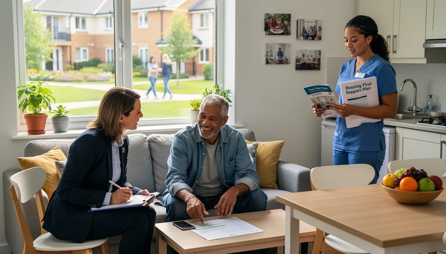 Support counselor meeting with resident in a comfortable supportive housing common area