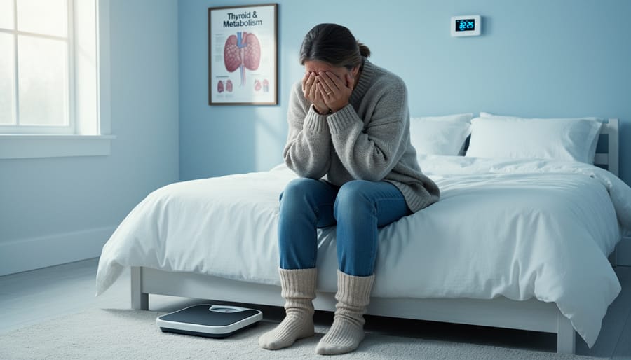Woman experiencing fatigue and cold sensitivity, common hypothyroidism symptoms