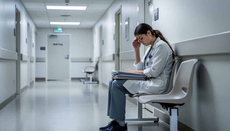 Empty institutional hospital break room with harsh lighting and basic furniture