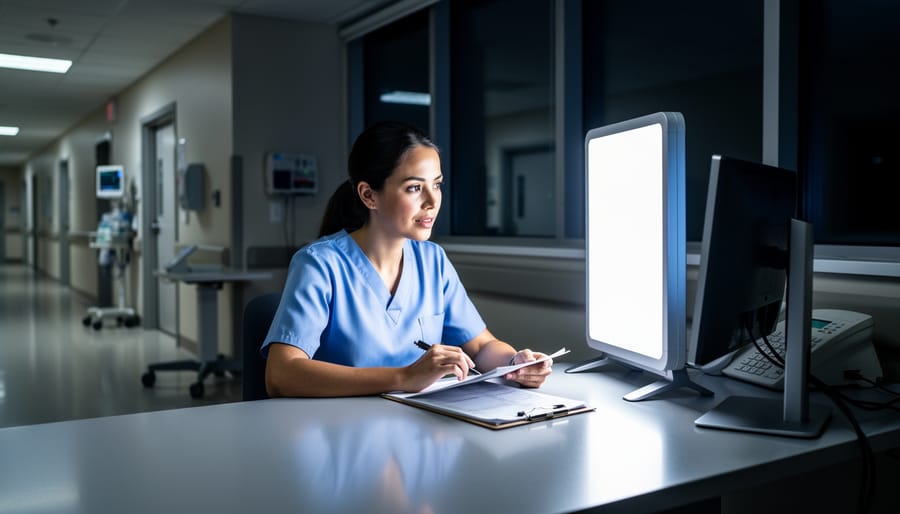 Shift worker using bright light therapy lamp at bedside