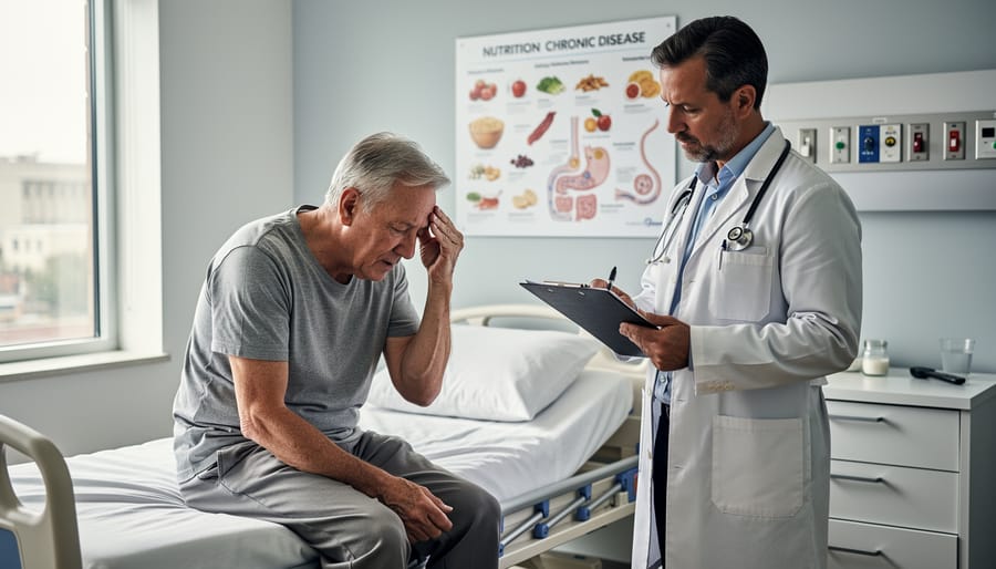 Senior adult showing signs of fatigue at home with medication organizer on table