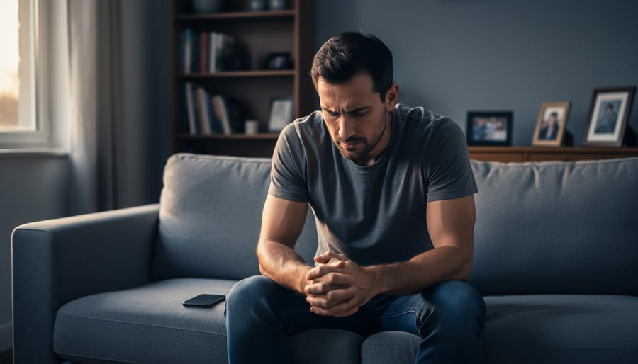 Contemplative man sitting alone on park bench in quiet outdoor setting