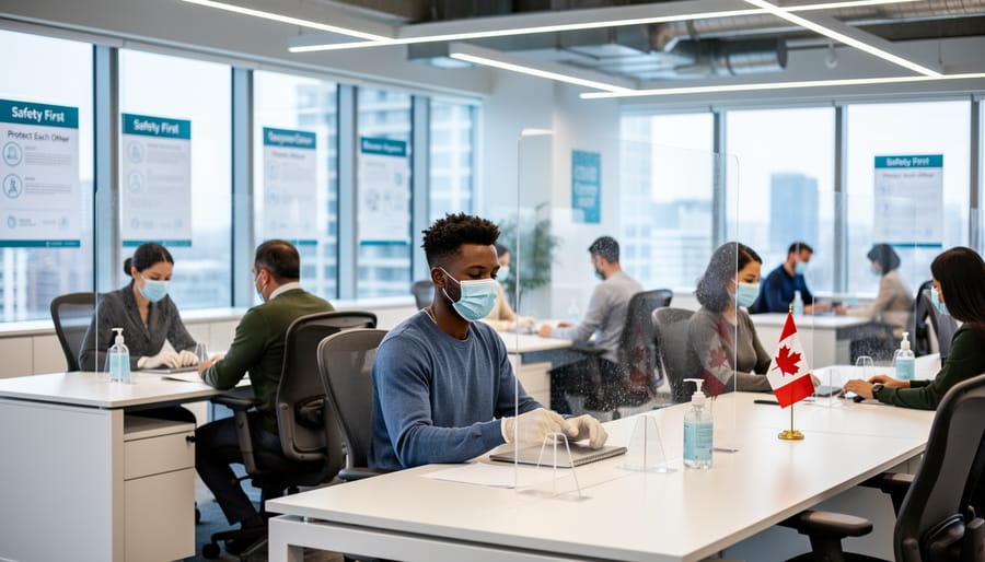 Office workers wearing masks at desks with plexiglass dividers in modern workplace