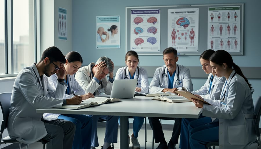 Medical resident sitting exhausted on hospital floor with head in hands